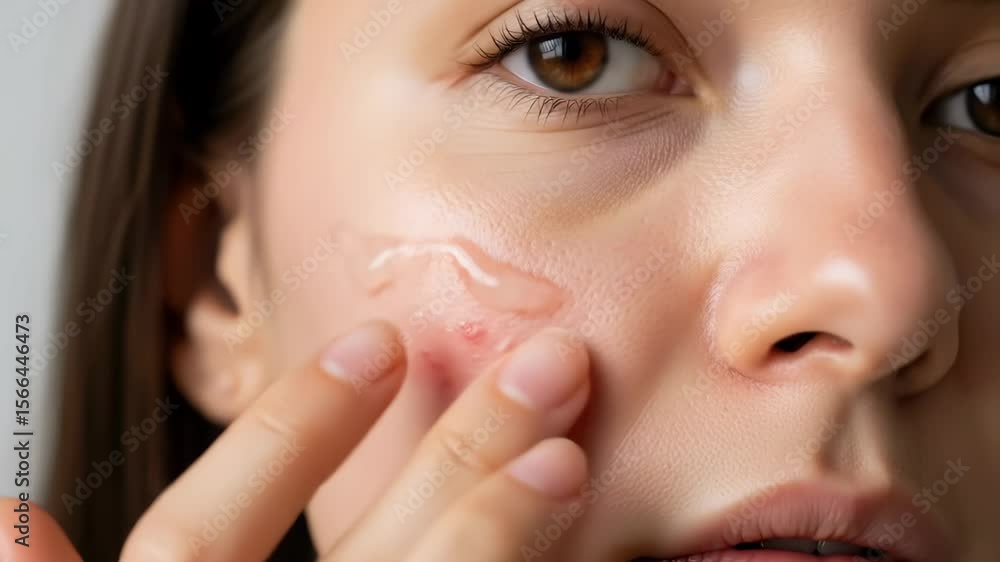 Woman with acne skin applying skincare product to her face for treatment Woman with acne skin applying skincare product to her face for treatment