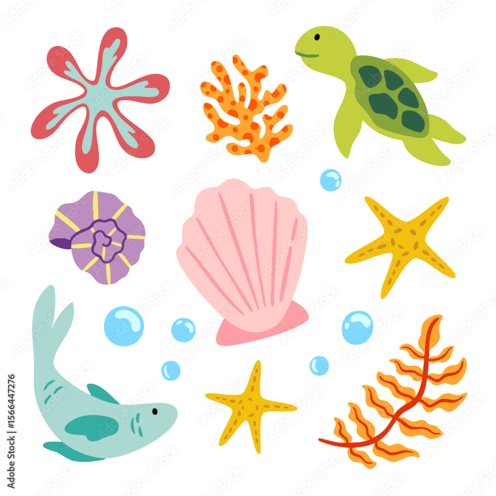 Fototapeta premium Cute Under the Sea Animals and Ocean Elements Cartoon Illustration