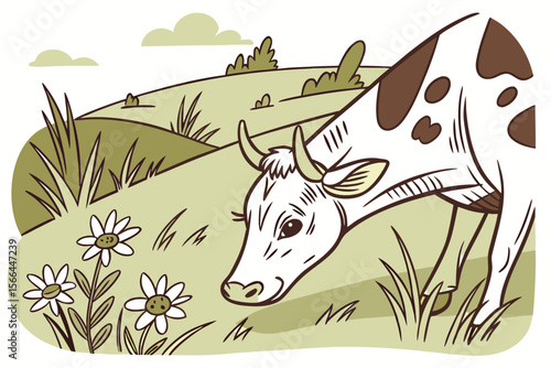 White cow with brown spots grazing in a green field