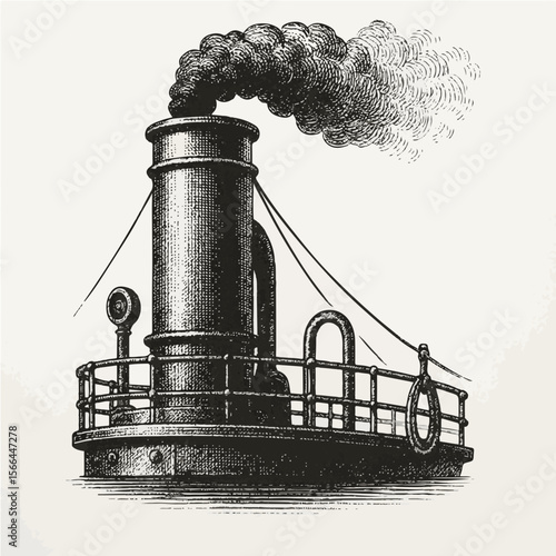 Hand drawn of steamship smokestack woodcut engraving vector illustration