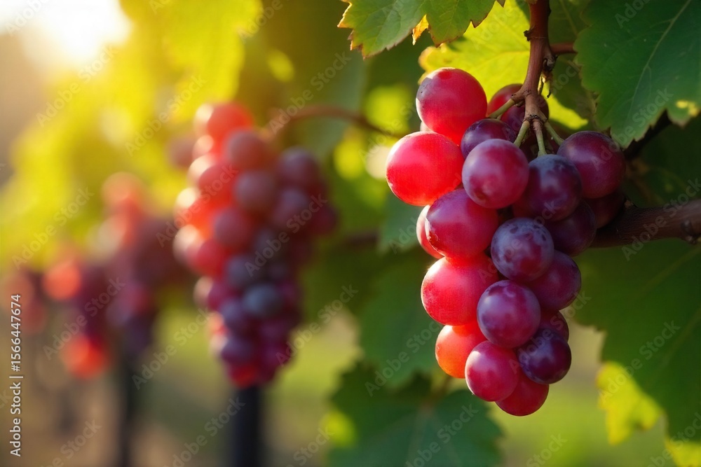 Ripe Red Grapes Hanging Heavy on Vine, Bathed in Sunlight, Ready for Harvest. A Vibrant Image of Autumnal Abundance and Natural Beauty. Ripe Red Grapes Hanging Heavy on Vine, Bathed in Sunlight, Ready for Harvest. A Vibrant Image of Autumnal Abundance and Natural Beauty.