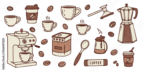 Coffee Collection | Hand Drawn Coffee Icons, Cups, Beans, Barista Tools PNG Vector