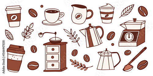 Coffee Collection | Hand Drawn Coffee Icons, Cups, Beans, Barista Tools PNG Vector
