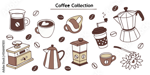 Coffee Collection | Hand Drawn Coffee Icons, Cups, Beans, Barista Tools PNG Vector