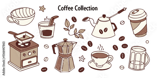 Coffee Collection | Hand Drawn Coffee Icons, Cups, Beans, Barista Tools PNG Vector