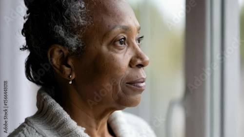 Thoughtful older African American woman looking out the window with a contemplative expression, wearing a cozy knit cardigan sweater.