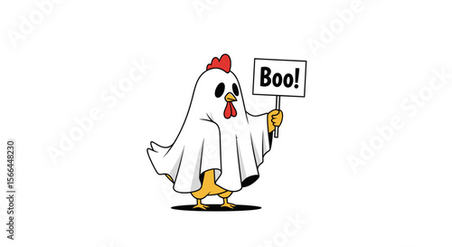 Minimalist vector of a chicken in a ghost costume holding a 'Boo!' text