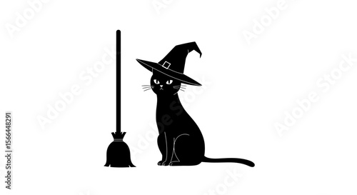 Minimalist flat vector of a cat dressed as a witch, sitting calmly