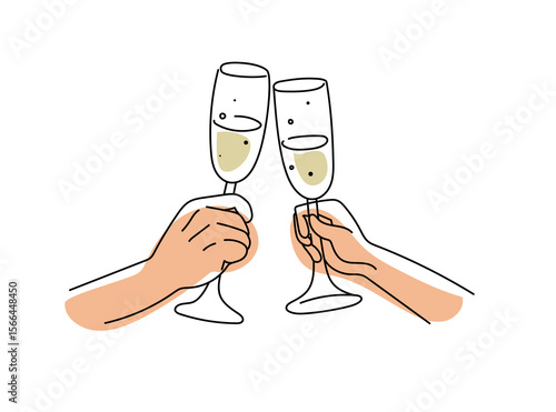 Two hands clinking champagne glasses in a toast, with hearts floating above. Celebration concept for anniversary or Valentine's Day.