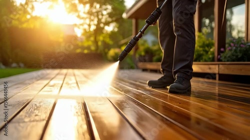 Power washing the wooden deck of a suburban house with a professional grade power washer in the late afternoon, spray cleaning the wood.