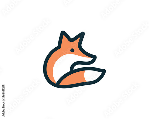 Stylized minimalist orange fox curled up with white belly and dark outline