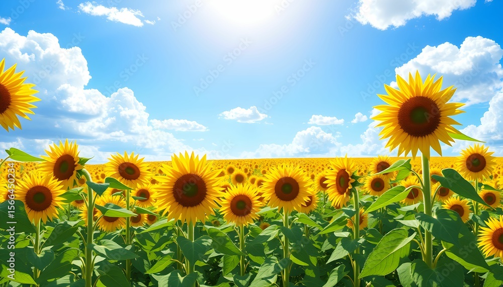 Fototapeta premium A vibrant field of sunflowers basks in bright sunshine, under a blue sky.