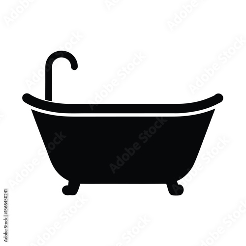 Black Bathtub Icon with Faucet on White Background Illustration