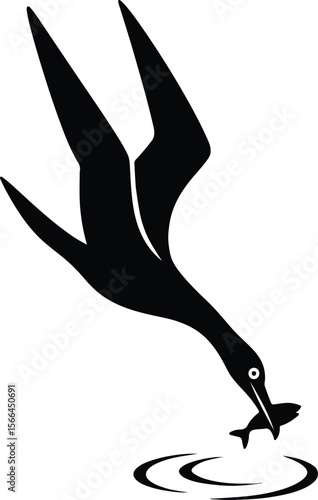 Silhouette frigatebird catching fish from water surface vector illustration