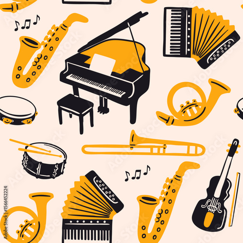 Musical instruments set. Musical school concept. Saxophone, trumpet, drum, flute, waldhorn, French horn, violin, piano, tambourine, accordion. Hand drawn Vector illustration. Seamless Pattern