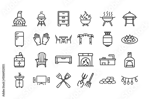 Backyard Firepit and Outdoor Features Line Icon Set. BBQ, Grill, Fireplace, Garden, Furniture, Sink, TV, Firewood, and More. Vector Illustration. Editable Stroke.