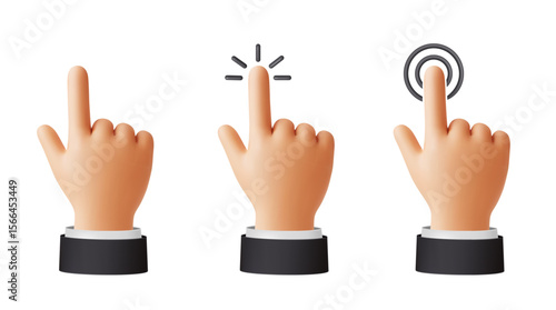 3d hand pointer. Male hands cursor, tap and click gesture with index finger. Digital interaction symbols for UI, touch screen, input for apps. Navigation concept. 3D soft render vector icons