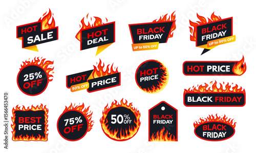 Black Friday fire badges. Flaming hot sale Black Friday labels with red fire and typography. Ecommerce banners, shop promo tags, discounts and advertising stickers. Flat vector isolated set