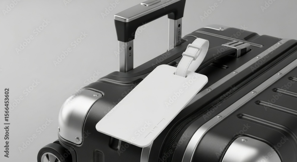 Obraz premium Blank Luggage Tag on Modern Black Suitcase