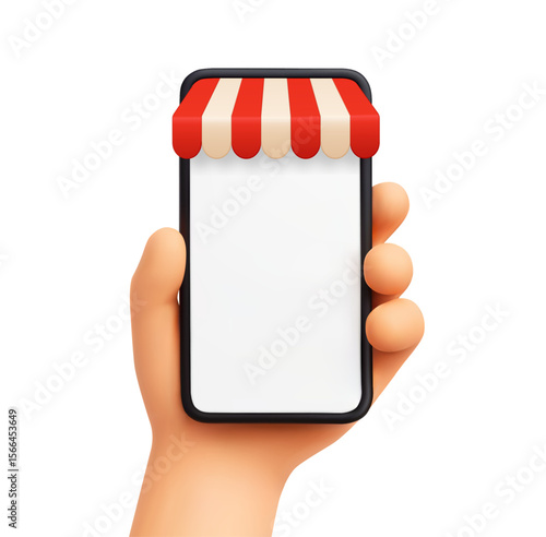 Smartphone with awning. Hand holding cellphone with red striped storefront tent. Online shopping, mobile commerce, ecommerce marketplace element. 3D render phone with canopy sunshade. Vector mockup