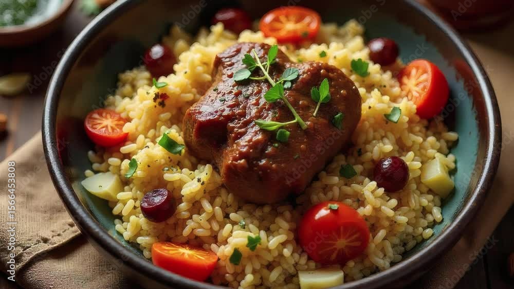 Delicious rice bowl with meat and tomato Delicious rice bowl with meat and tomato