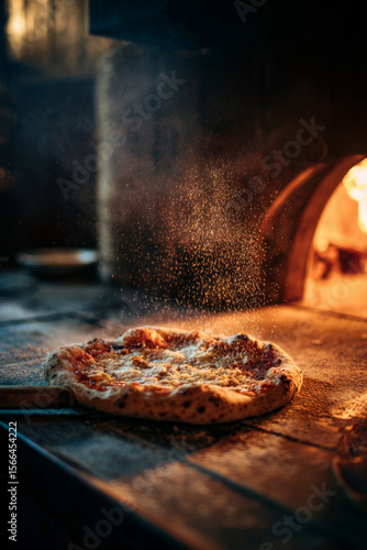 Delicious pizza being pulled makes me crave slice wood fired oven heats it