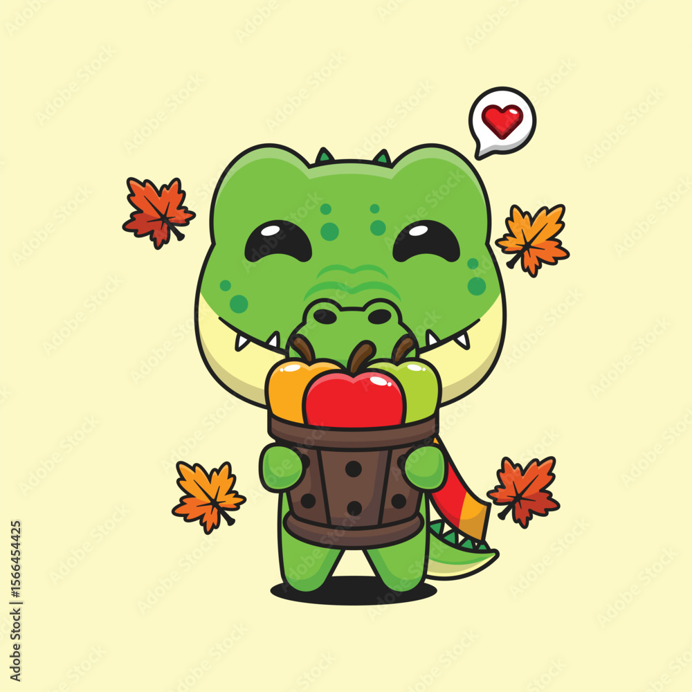 Obraz premium Cute crocodile holding a apple in wood bucket in autumn day cartoon vector illustration