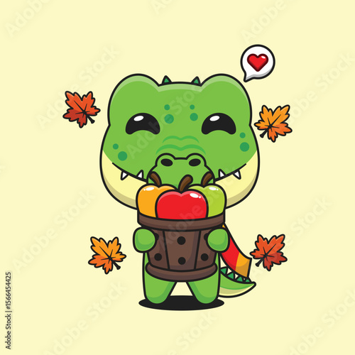 Cute crocodile holding a apple in wood bucket in autumn day cartoon vector illustration