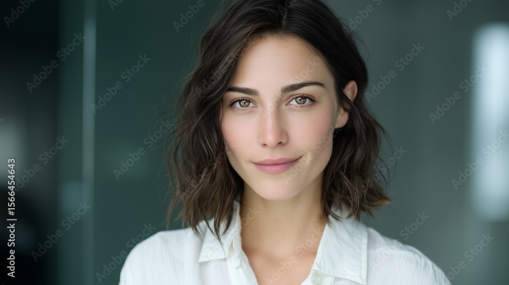 Fototapeta premium Professional headshot portrait of a confident and attractive young adult businesswoman smiling warmly directly at the camera in a bright modern office interior workplace setting