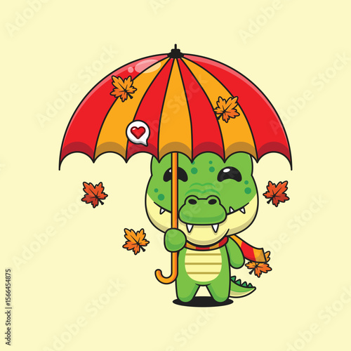 Cute crocodile with umbrella in autumn cartoon vector illustration