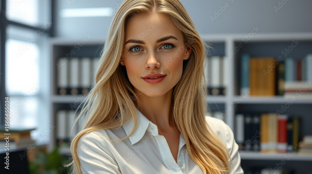 Fototapeta premium Young happy business woman in the office against the background of folders with documents