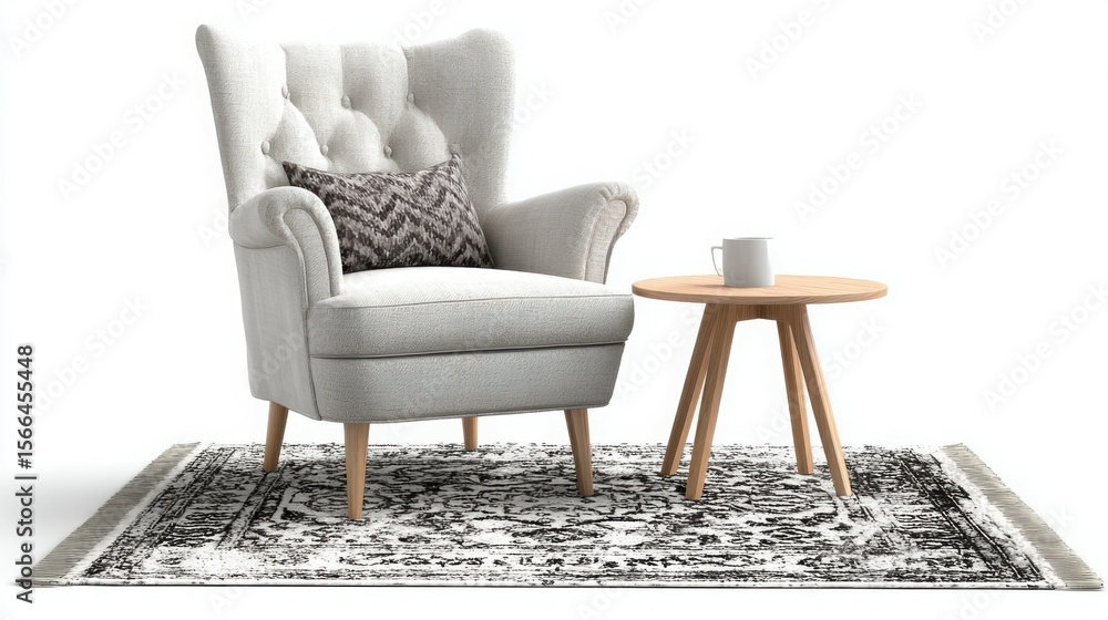 Fototapeta premium Cozy Corner: Comfortable Armchair, Rug & Table Isolated on White