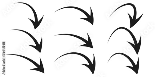 Illustration set of downward pointing curved arrows (monochrome),eps10