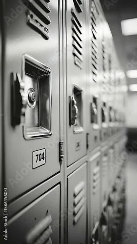 Gray Metal Lockers in a Row, Monochrome Photography