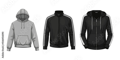 Set of three sportswear garments: gray pullover hoodie, black zip-up track jacket, and black zip-up hoodie. Flat front view illustration. Technical apparel mockup.