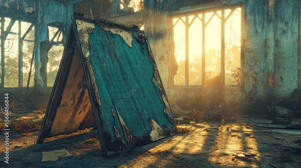 Fototapeta premium Abandoned Building with a Broken Sign and Warm Sunlight Rays