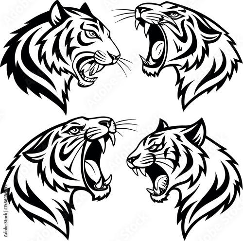Roaring Tigers: Set of four stylized tiger heads, each with a unique expression, perfect for logo designs or illustrations. The fierce expressions and detailed linework make them visually striking.