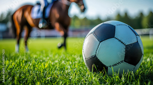 Soccer Ball On Grass With Horse In Background