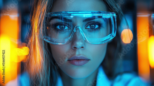Focused Woman Wearing Safety Goggles In Laboratory