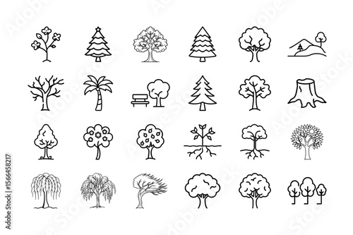 Trees and Nature Line Icon Set. Various Tree Types, Forests, Plants, Roots, Stumps, Bench, and More. Vector Illustration. Editable Stroke.