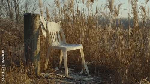 Abandoned White Plastic Chair by Tall Grass in Early Morning Light