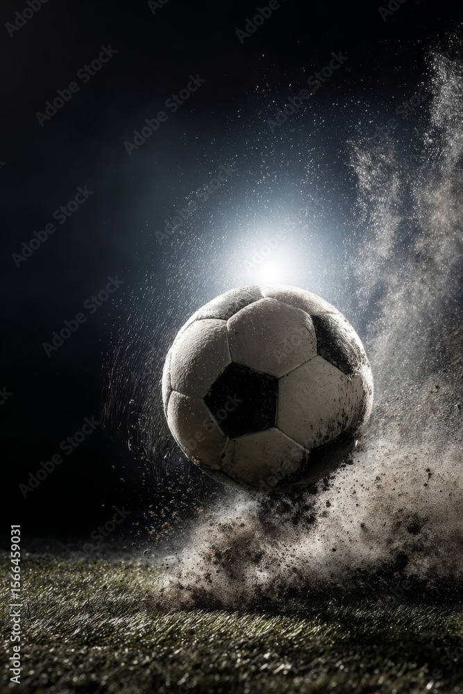Naklejka premium Soccer ball with dirt particles frozen in mid air showcases incredible motion