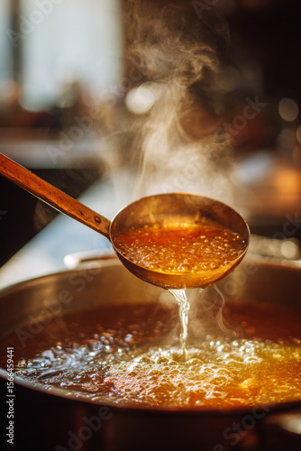 Broth skimmer removing fat from boiling soup looks rich and appetizing