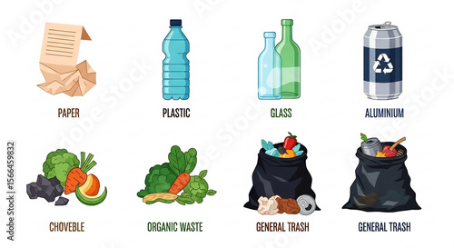 Keep America Beautiful Week: Types of Waste Illustration - Paper, Plastic, Glass, Aluminum, Organic, and General Trash