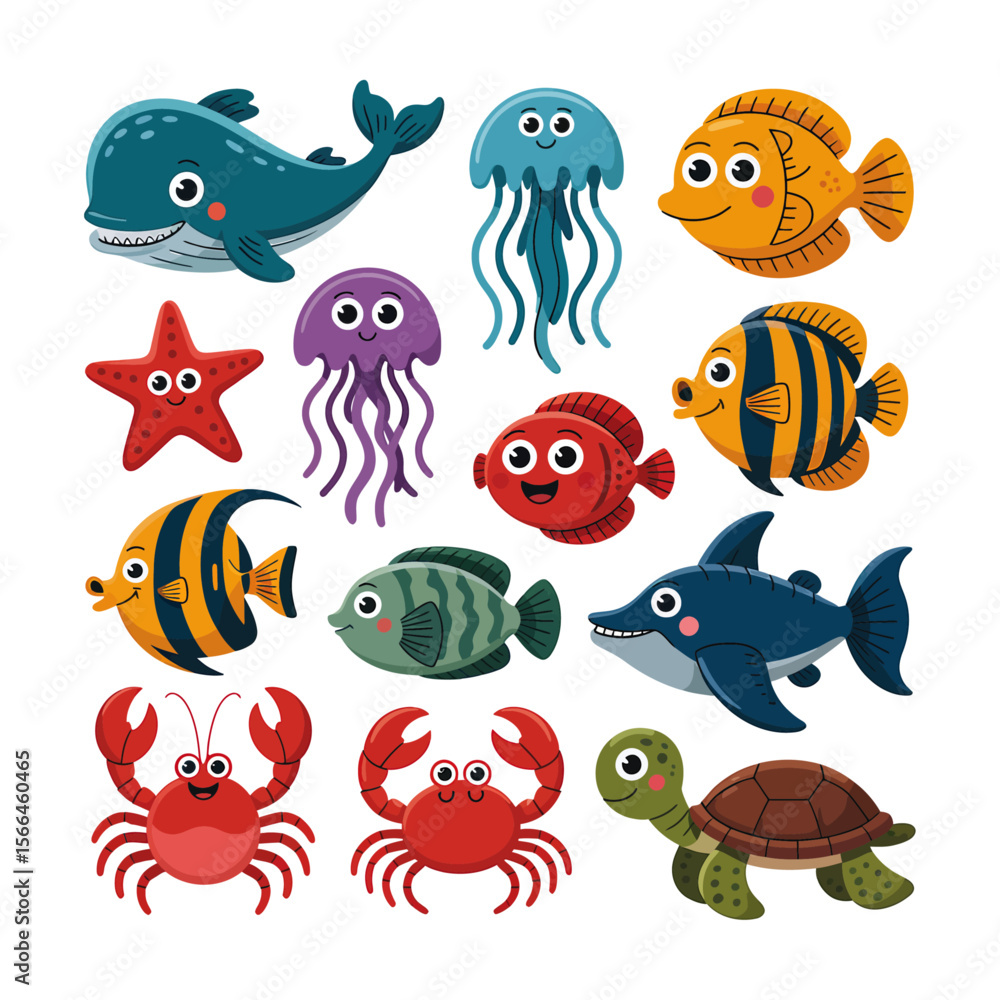 Fototapeta premium Funny cartoon sea animals vector set: fish, octopus, starfish, turtle, dolphin, crab, shark, jellyfish, whale for tropical underwater marine life collection