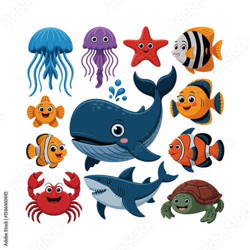 A fun vector collection of cartoon sea animals, including various fish, an octopus, dolphin, starfish, crab, turtle, jellyfish, and a shark, all living happily underwater