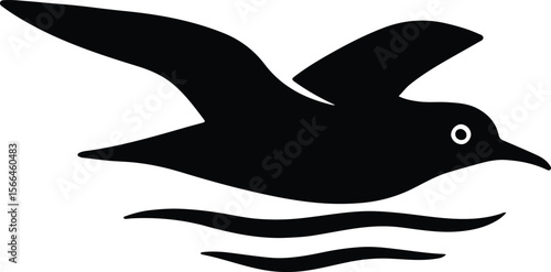 Silhouette seagull flying above ocean waves vector illustration