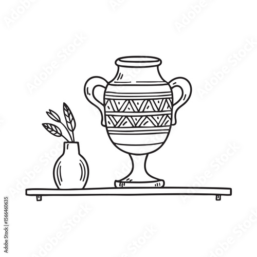 A vase positioned near a decorative urn on the display shelf