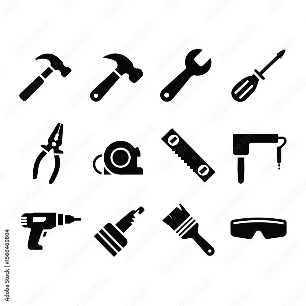 Obraz premium A vector icon set of construction tools including a hammer, wrench, saw, screwdriver, and drill symbolizing repair work and equipment