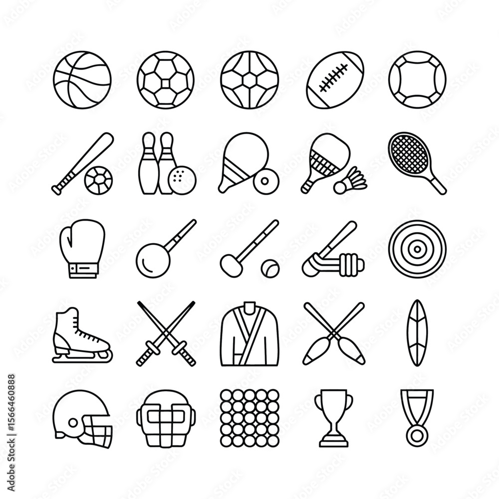 Obraz premium Sports Equipment Collection: A captivating collection of sports equipment, meticulously outlined in a minimalist style, perfect for all sport lovers. 